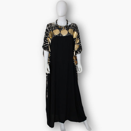 Black Caftan With Gold Polka Dot Accents