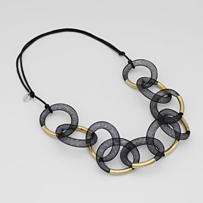Black and Gold Mesh Link Statement Necklace