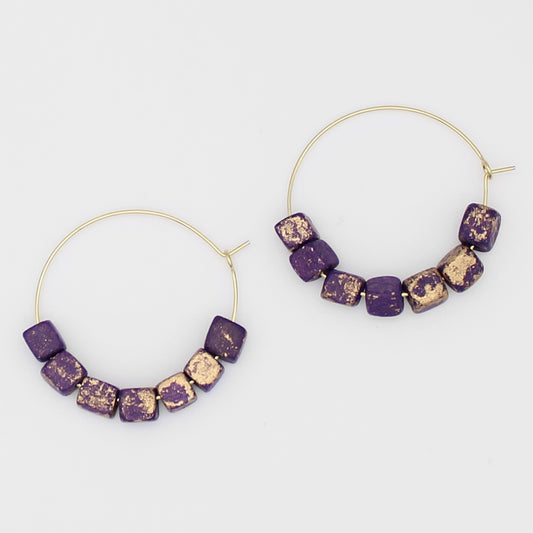 Square Purple and Gold Hoop Dangle Earring