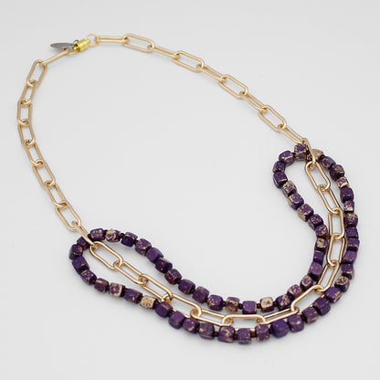 Purple Esther Wood and Chain Link Necklace
