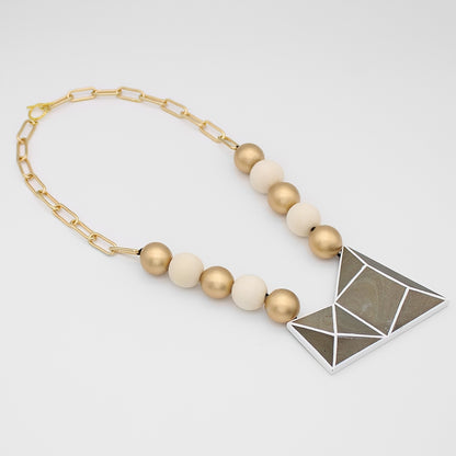 Gray and Gold Geometric Pendant Statement Necklace