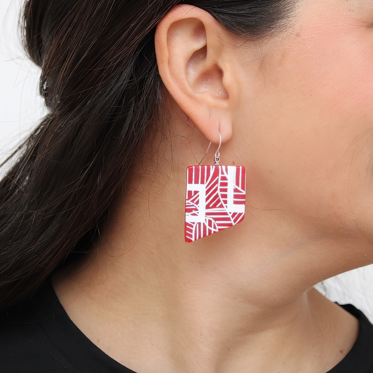 Reva Red and White Painted Grid Earrings